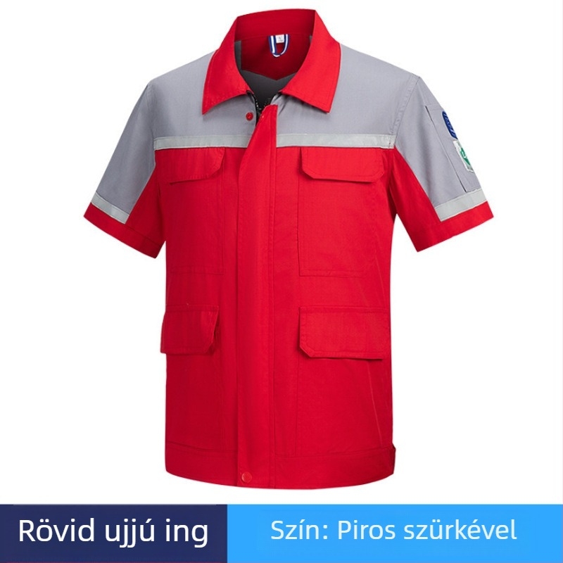 Nyári könnyű antistatikus munkaruházati készlet fényvisszaverő csíkokkal, rövid ujjú