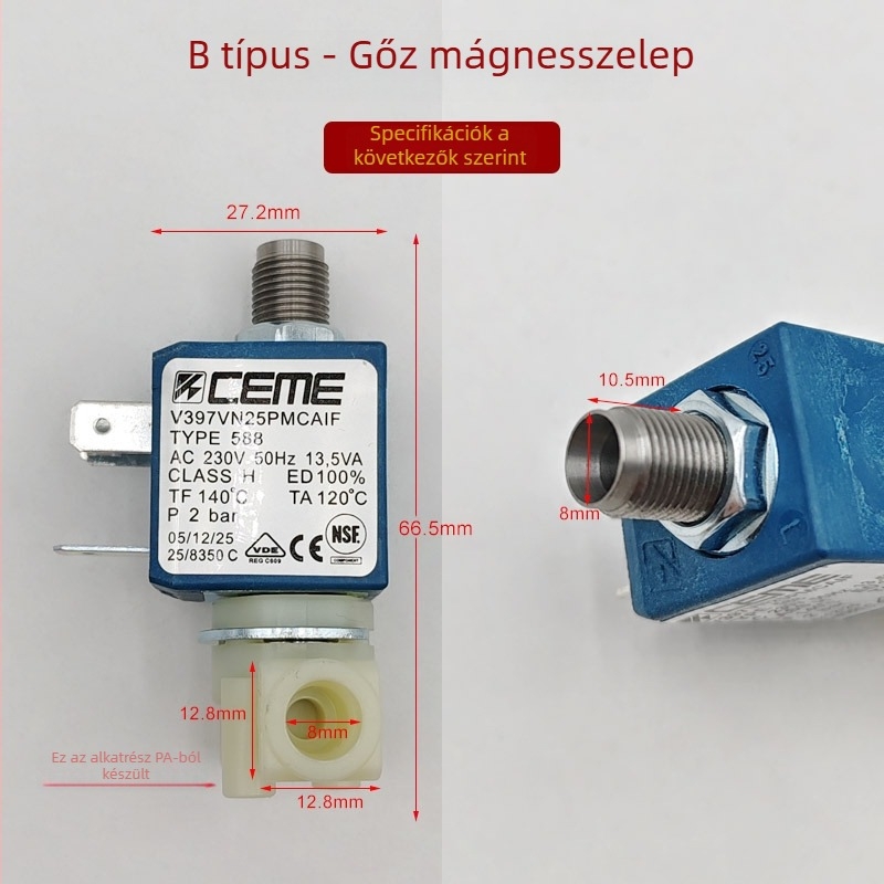 Olasz stílusú eszpresszó gép kiegészítője: elektromágneses gőzszabályozó szelep, 120/230 V, magas hőmérsékleten ellenálló