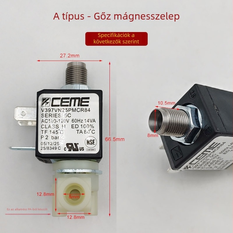 Olasz stílusú eszpresszó gép kiegészítője: elektromágneses gőzszabályozó szelep, 120/230 V, magas hőmérsékleten ellenálló