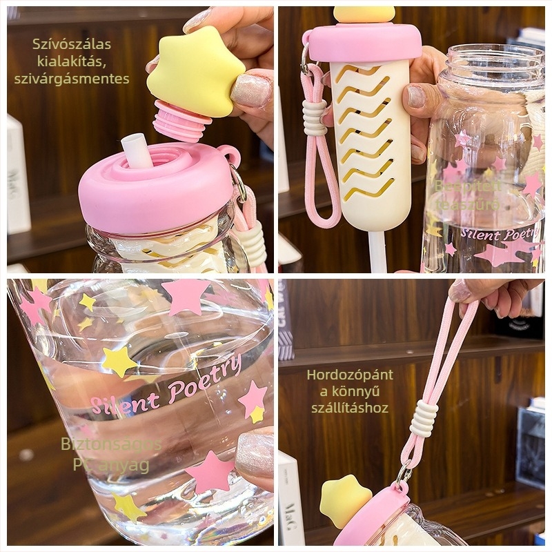 Star Language Bubble Straw Cup gyerekeknek és diákoknak, hordozható műanyag pohár fogantyúval és aranyos rajzolt mintával, ajándék lányoknak