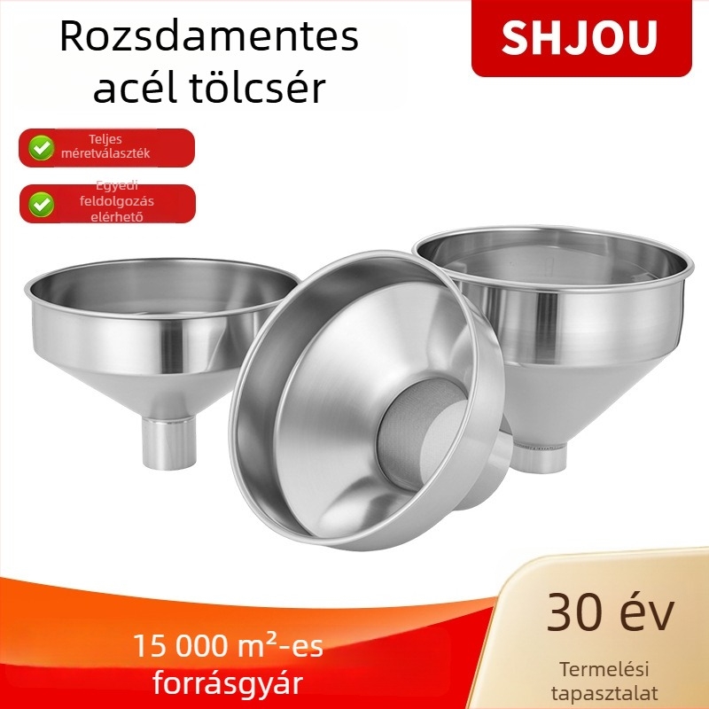 Nagy átmérőjű tölcsér rozsdamentes acélból, szűrővel, kereskedelmi kategóriás, olaj- és borfeltöltéshez, olajprés hopper