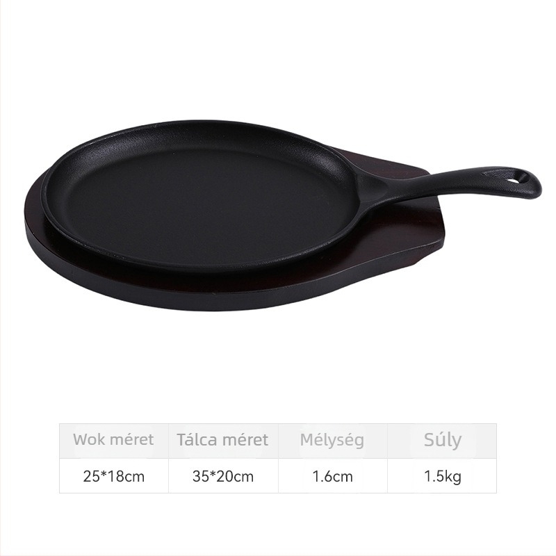 Öntöttvas grillsütő serpenyő, kör alakú, egykezes, fa nyéllel, tapadásmentes, halhoz és steakhez.
