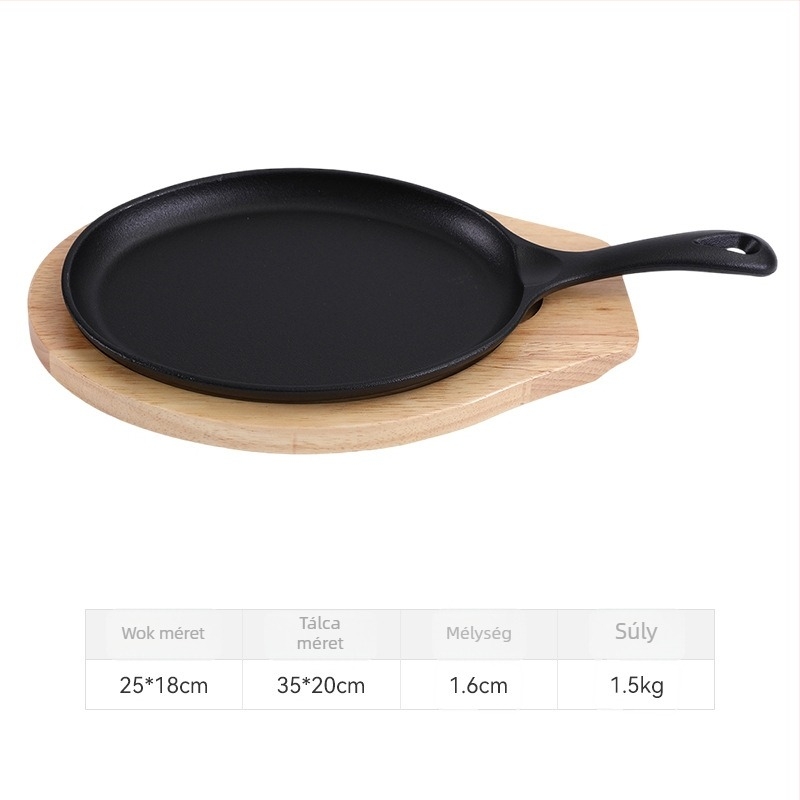 Öntöttvas grillsütő serpenyő, kör alakú, egykezes, fa nyéllel, tapadásmentes, halhoz és steakhez.