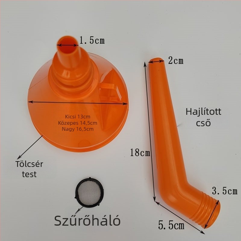 Ívelt csővel rendelkező kéz nélküli nagy átmérőjű üzemanyag- és motorolaj tölcsér, szűrővel, autók és motorkerékpárok számára