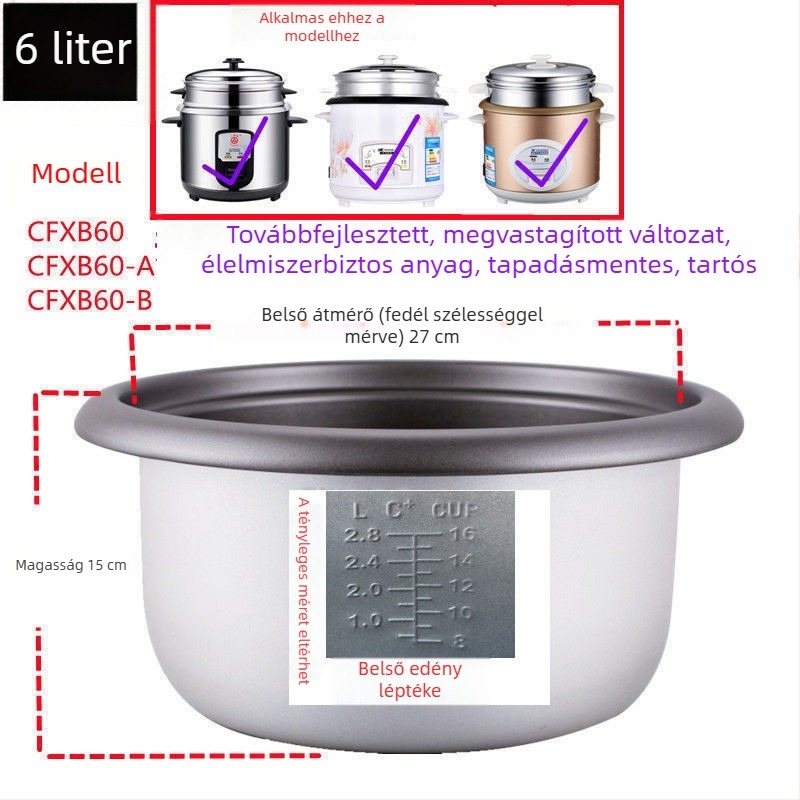 Rizsfőző belső edény, tapadásmentes, ódivatú háromszög alakú, 2345 modell, 1,5 L, tartozékok