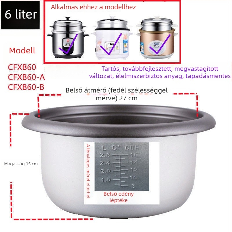 Rizsfőző belső edény, tapadásmentes, ódivatú háromszög alakú, 2345 modell, 1,5 L, tartozékok