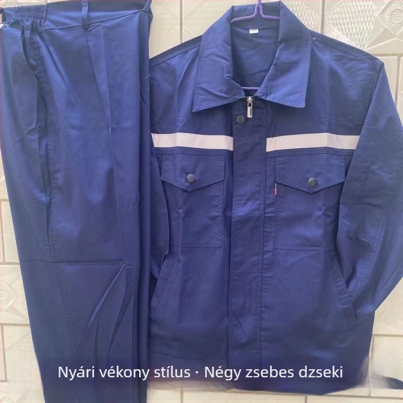 Poliészter-pamut nyári vékony munkaruha garnitúra, kopásálló, lélegző, nedvességelszívó, autójavítás, építőipar és műhely számára