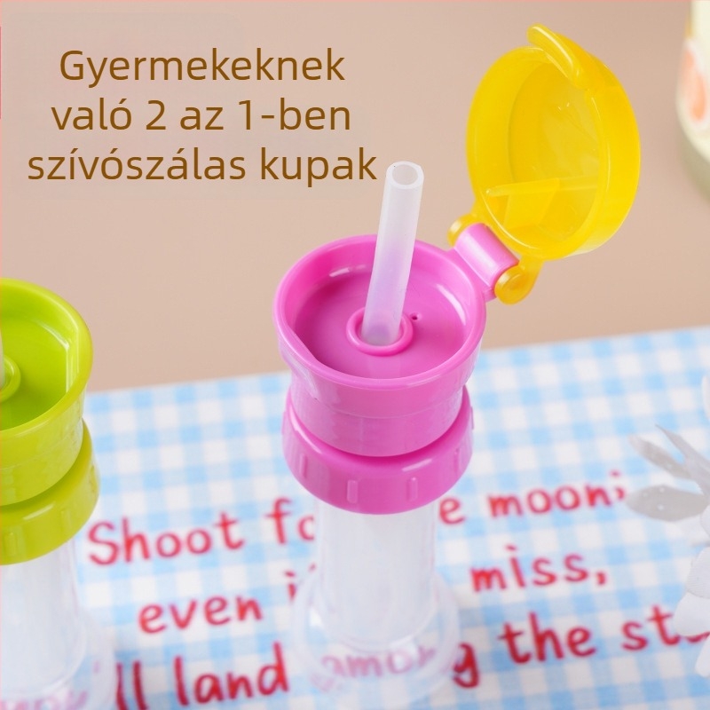 Két az egyben palackfedél szilikon szívócsővel – italokhoz és ásványvízhez, élelmiszer-minőségű, anti-fulladás kiegészítő gyerekeknek