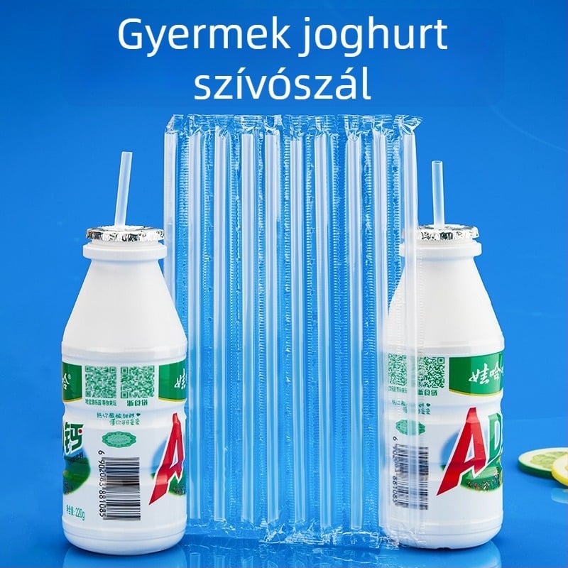 Élelmiszer‑minőségű tejszívó – rövid, merev, egyszer használatos, gyerekeknek, vékony végű, egyedi csomagolás.