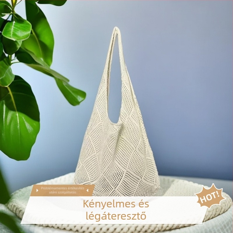 Női crossbody és tote táska pamutból, egyszínű dizájn, japán–koreai stílus, vintage üreges kötött strandtáska