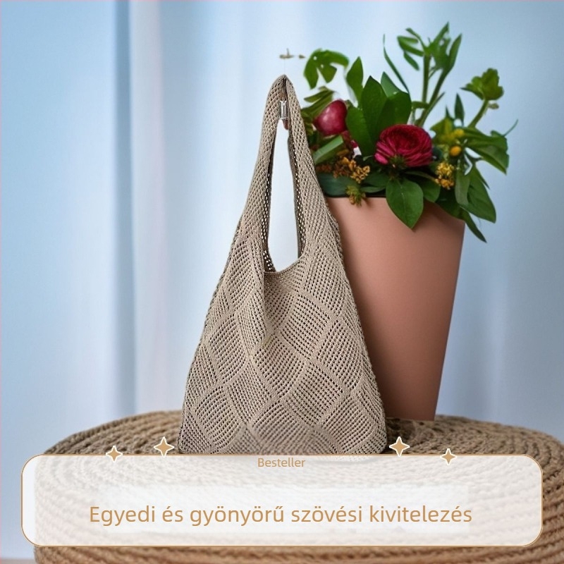 Női crossbody és tote táska pamutból, egyszínű dizájn, japán–koreai stílus, vintage üreges kötött strandtáska