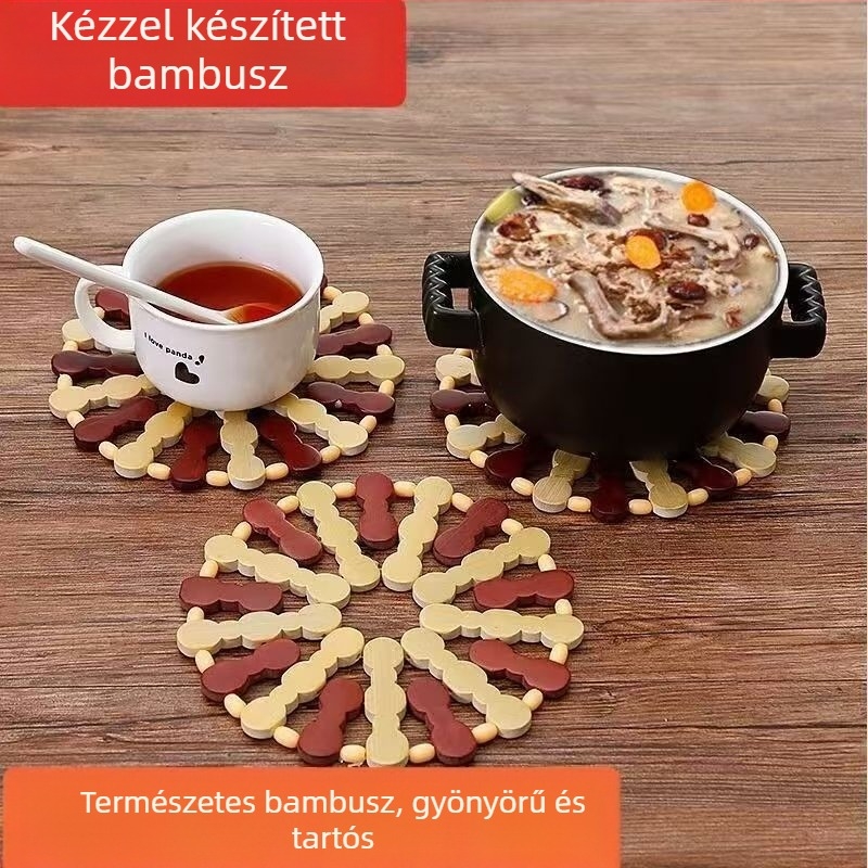 Bambuszból készült hőálló étkezési alátét, rajzfilm mintával, szabálytalan alakú, tányér- és edényalátétként használható