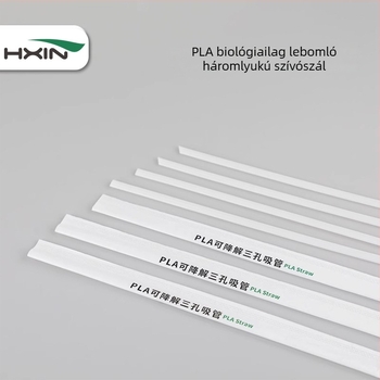 PLA biológiailagilag lebomló háromlyukas szívószál, egyedi csomagolású, egyszer használatos, sík végű, forró italokhoz