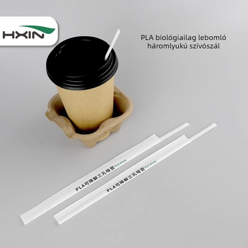 PLA biológiailagilag lebomló háromlyukas szívószál, egyedi csomagolású, egyszer használatos, sík végű, forró italokhoz