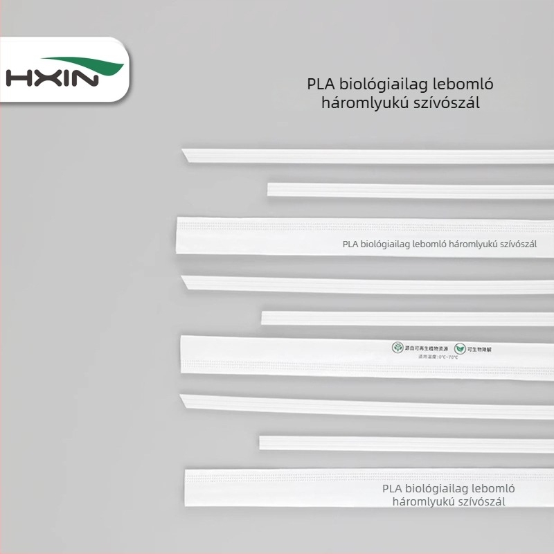 PLA biológiailagilag lebomló háromlyukas szívószál, egyedi csomagolású, egyszer használatos, sík végű, forró italokhoz