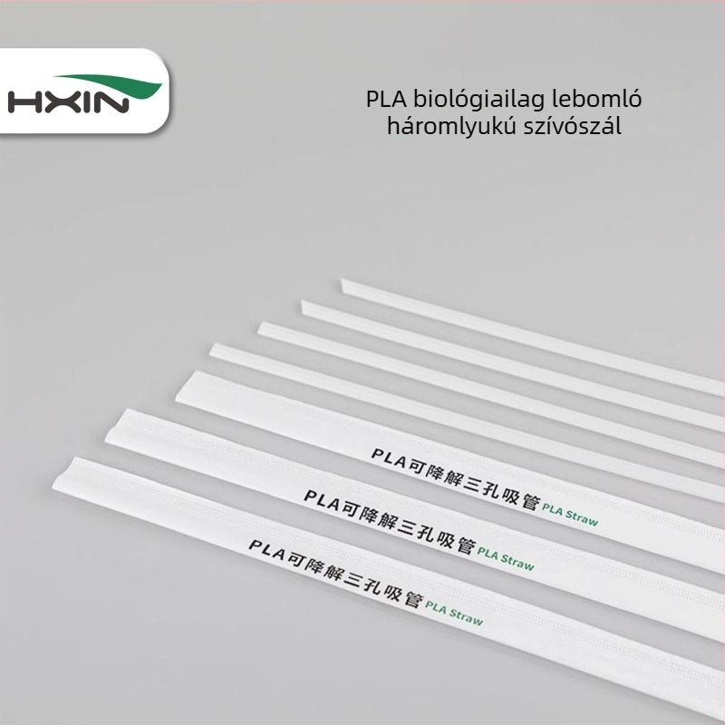 PLA biológiailagilag lebomló háromlyukas szívószál, egyedi csomagolású, egyszer használatos, sík végű, forró italokhoz