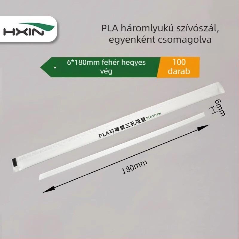 PLA biológiailagilag lebomló háromlyukas szívószál, egyedi csomagolású, egyszer használatos, sík végű, forró italokhoz