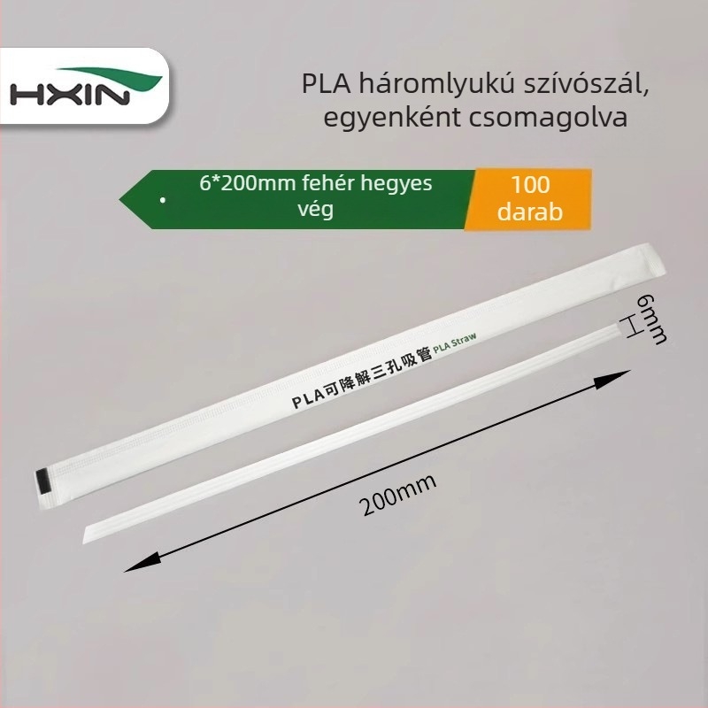 PLA biológiailagilag lebomló háromlyukas szívószál, egyedi csomagolású, egyszer használatos, sík végű, forró italokhoz