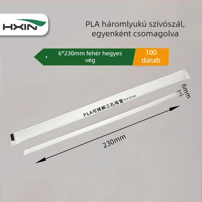 PLA biológiailagilag lebomló háromlyukas szívószál, egyedi csomagolású, egyszer használatos, sík végű, forró italokhoz