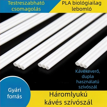 PLA élelmiszer-minőségű, biológiailag lebomló, egyszer használatos keverőpálca és háromlyukas vékony szívócső forró italokhoz (tej-tea, kávé), kis méret