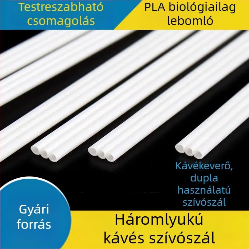 PLA élelmiszer-minőségű, biológiailag lebomló, egyszer használatos keverőpálca és háromlyukas vékony szívócső forró italokhoz (tej-tea, kávé), kis méret