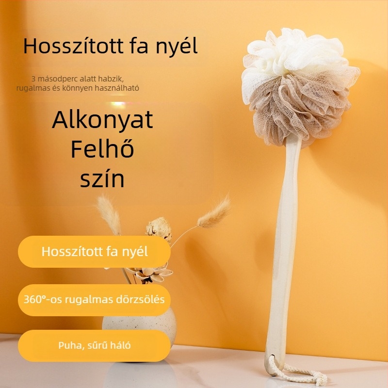 Új hosszú nyélű fürdőecset, nagy testpeeling-szivaccsal, hát tisztítására segítség nélkül, felnőttek számára