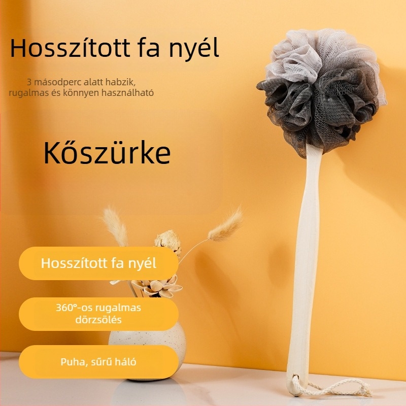 Új hosszú nyélű fürdőecset, nagy testpeeling-szivaccsal, hát tisztítására segítség nélkül, felnőttek számára