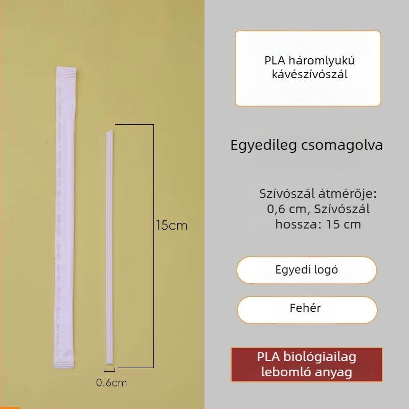 PLA biológiailag lebomló teás szívószál, háromlyukas, környezetbarát, egyenként csomagolva, magas hőmérsékletnek ellenálló, hegyes végű