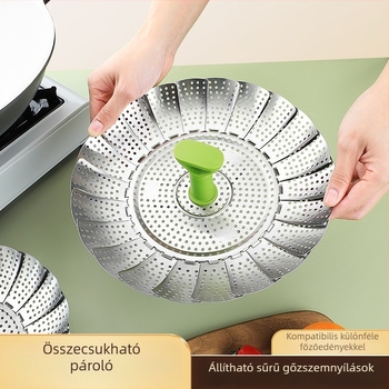 Rozsdamentes acélból készült összecsukható és kihúzható gőzölő kosár hálós rácsos szerkezettel – multifunkcionális gőzölő tálca a konyhához