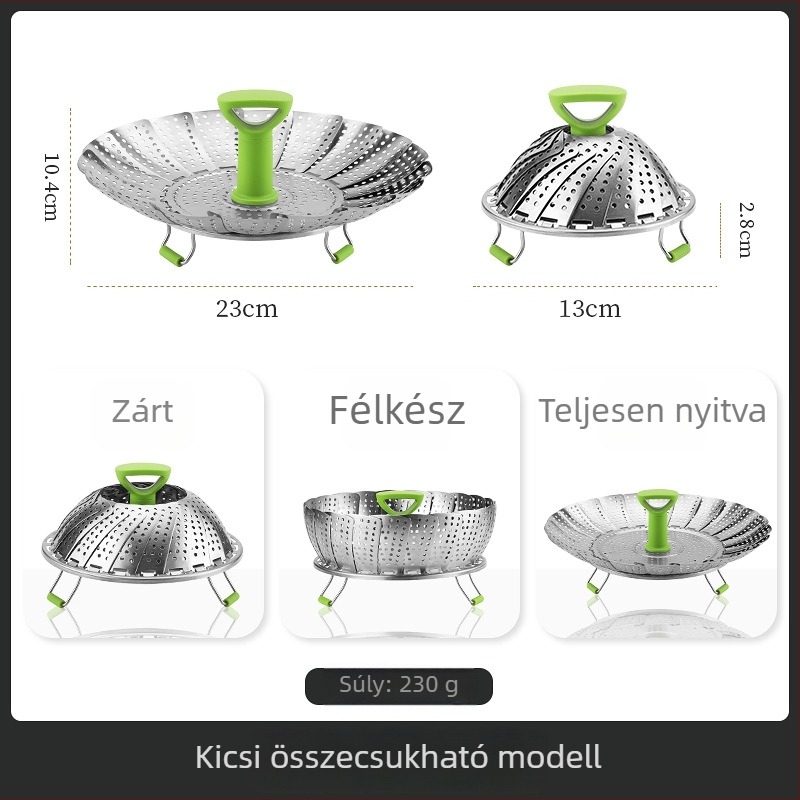 Rozsdamentes acélból készült összecsukható és kihúzható gőzölő kosár hálós rácsos szerkezettel – multifunkcionális gőzölő tálca a konyhához