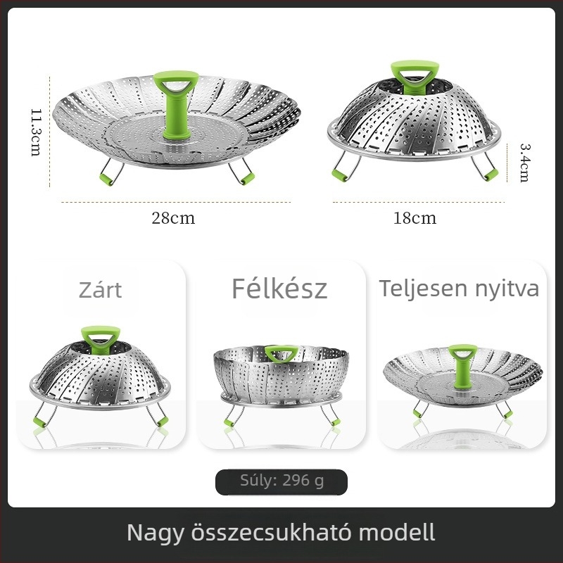Rozsdamentes acélból készült összecsukható és kihúzható gőzölő kosár hálós rácsos szerkezettel – multifunkcionális gőzölő tálca a konyhához
