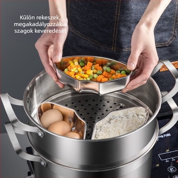 Rozsdamentes acélból készült, szárny alakú pároló tál fedővel, otthoni használatra, elválasztott pároló rács, kompatibilis rizsfőzőhöz