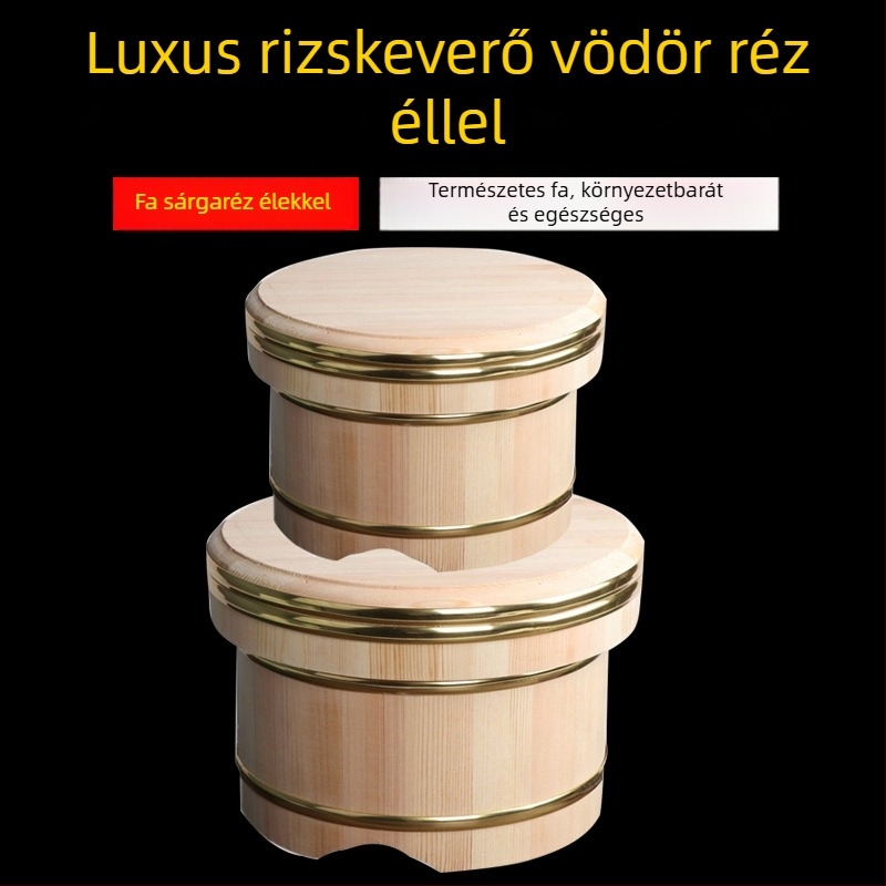Luxus japán stílusú fa rizses hordó fedéllel és fa tálalóval, nagy kapacitású