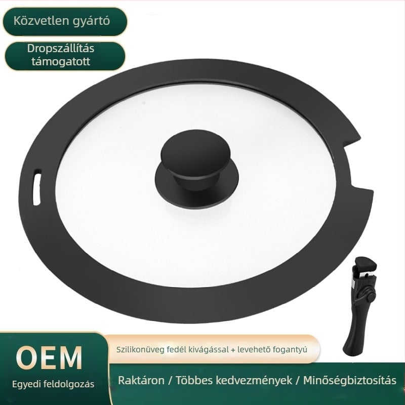Többfunkciós szilikon fazékfedő edzett üveggel, hőálló, universális méret, ideális levesekhez, pároláshoz és sütéshez.