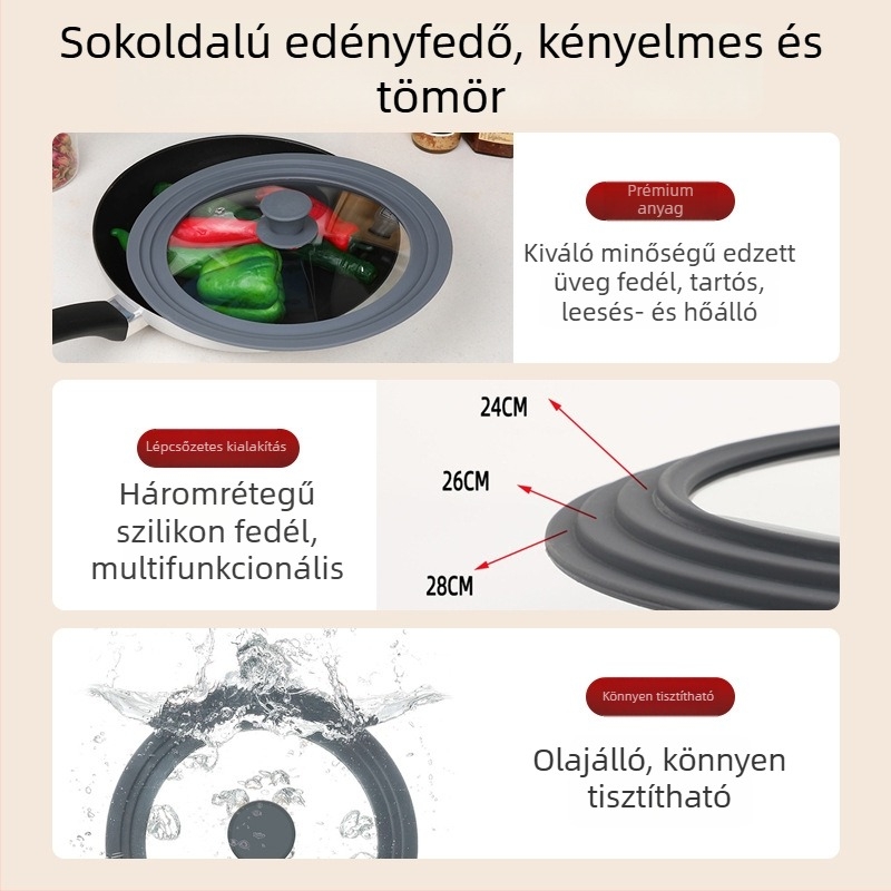 Japán stílusú konyhai fedő, univerzális üvegfedő szilikon tömítéssel, hőálló, alkalmas serpenyőkre, wokokra és párolóedényekre