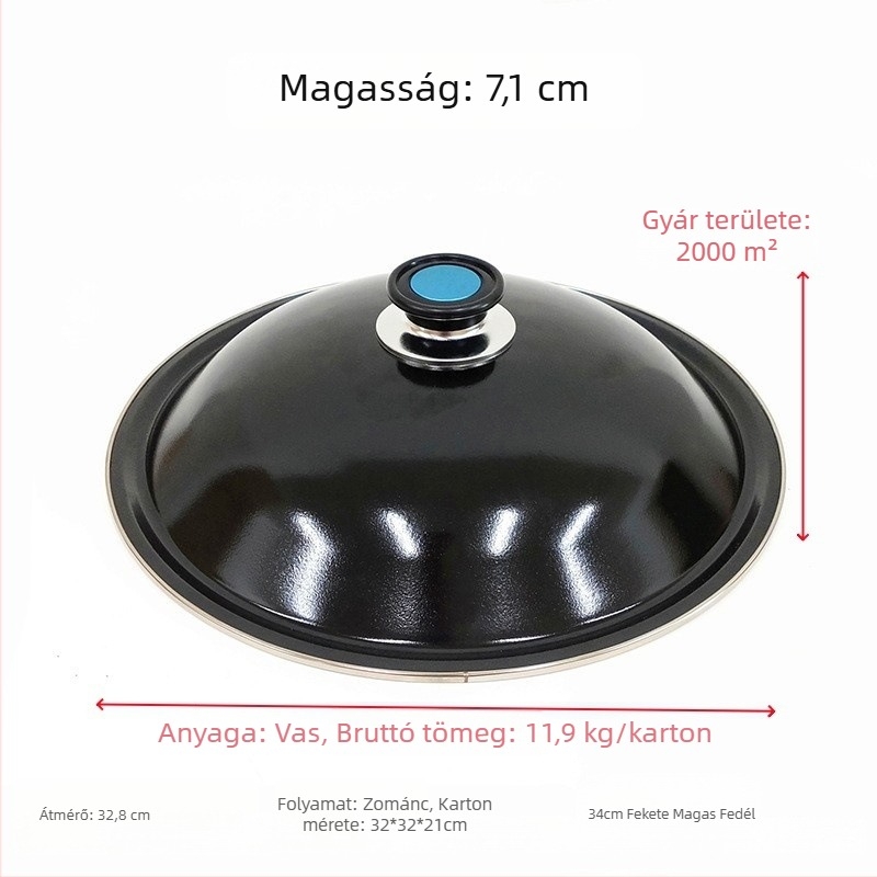 Fekete zománcozott vasfedő, 32–34 cm, vastagított, hőálló