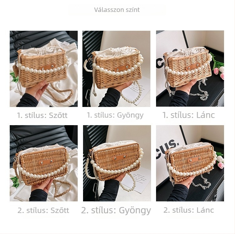 Kerek rattan táska, kézzel szőtt szalma- és fűzfa kosár, női szuvenír táska, ünnepi ajándékkosár, gyöngyös ajándékdoboz
