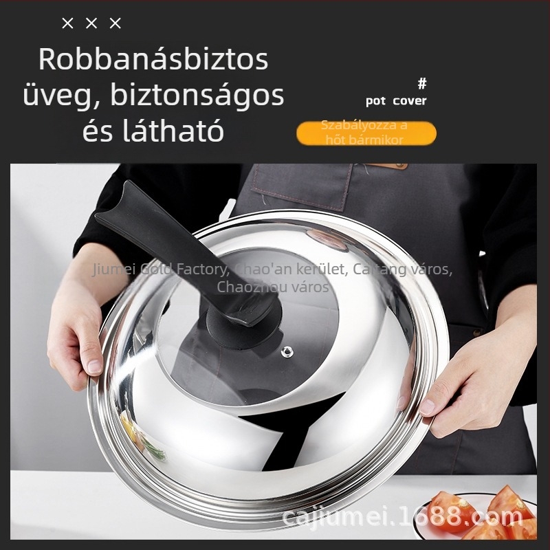 Rozsdamentes acélból készült fazékfedél üvegablakkal, nem mágneses, 30–40 cm-es átmérőhöz