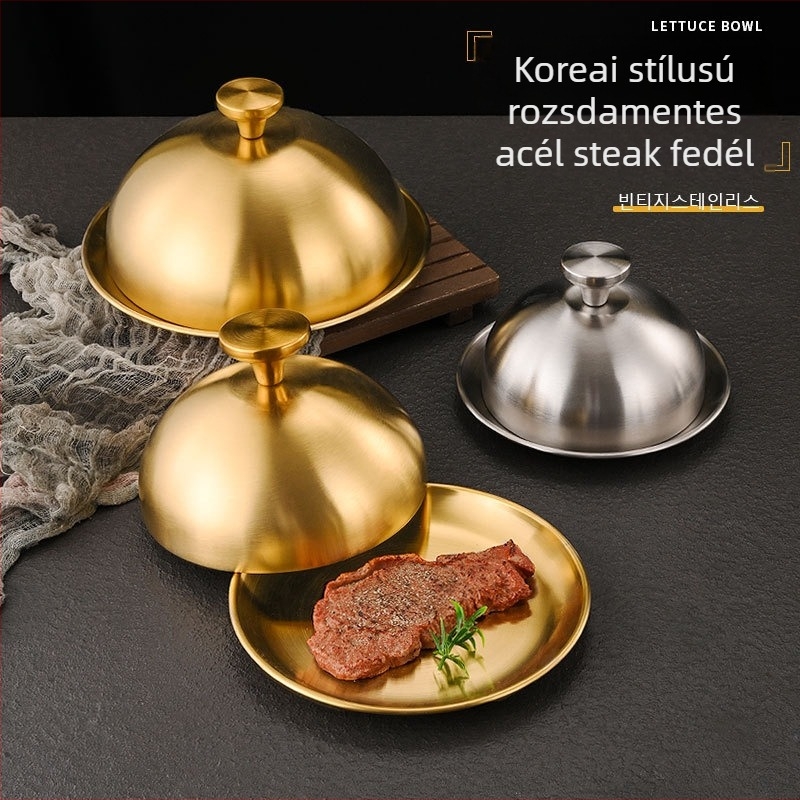 Koreai stílusú, rozsdamentes acél teppanyaki fedél – kör alakú fedél és tálca a szolgáláshoz sült húsokhoz és nyugati ételekhez