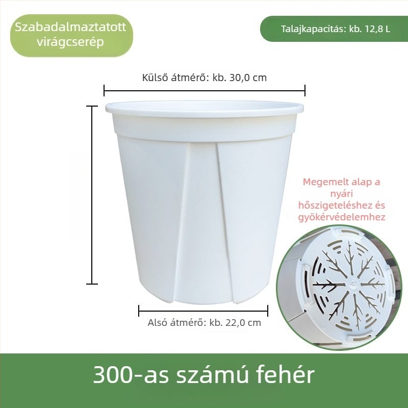 Fehér műanyag virágtartó otthoni használatra – gyökérzáró, lélegző és rothadás elleni kialakítás; alkalmas rózsák és hortenzia számára; galon méretű.