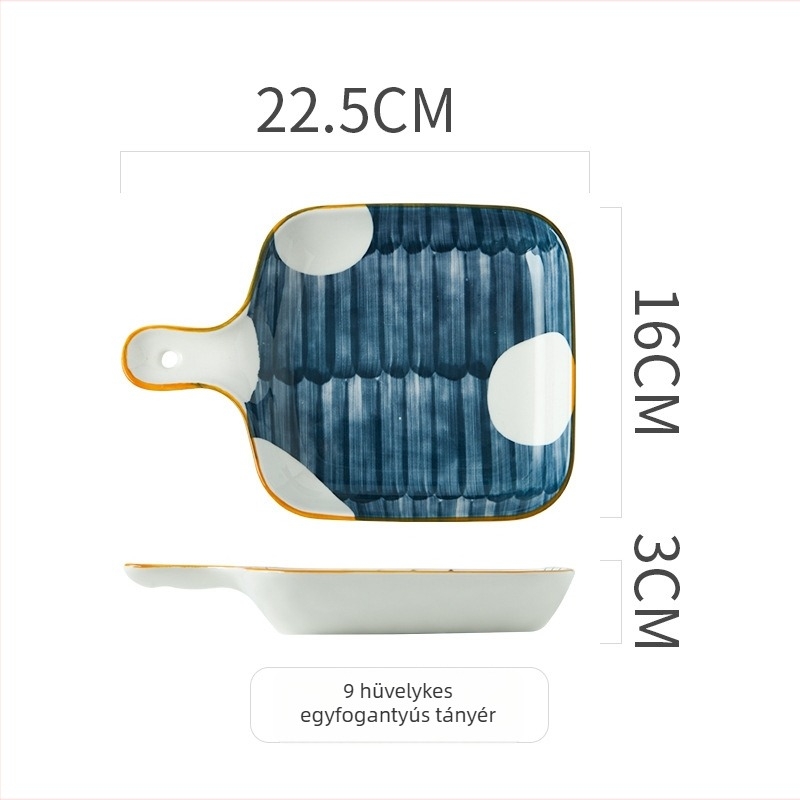 Japán stílusú porcelán négyzet alakú tál egy fogantyúval, kézzel festett kék-fehér aláglazúrral, mindennapi használatra és sütéshez