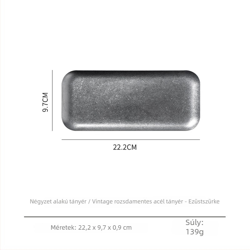 304 rozsdamentes acélból készült sekély, négyszögletes tál retro stílusban; alkalmas kávézók, éttermek és barbecue számára; desszerttál és szalvétatál.