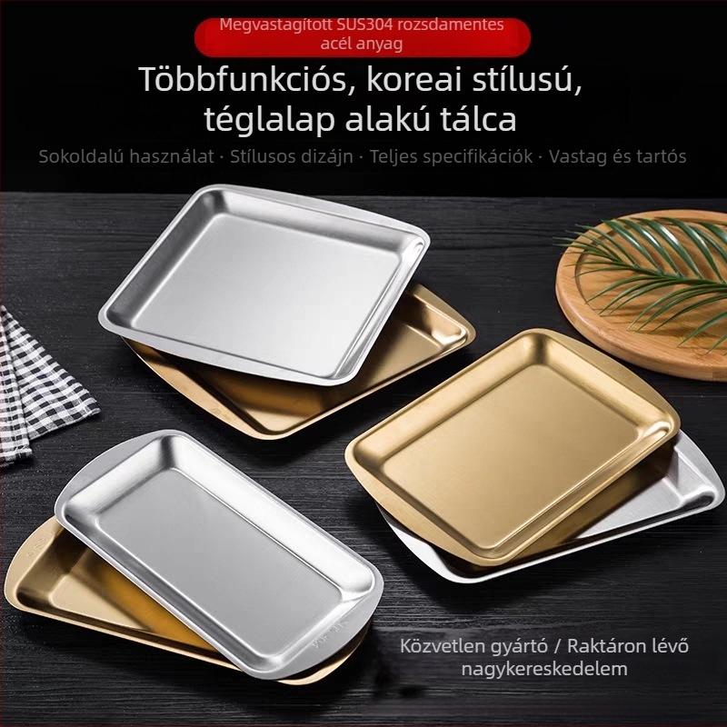 304 rozsdamentes acél, koreai stílusú BBQ téglalap lemez, vastagított, aranyfényes felület, lapos tál snackekhez és süteményekhez
