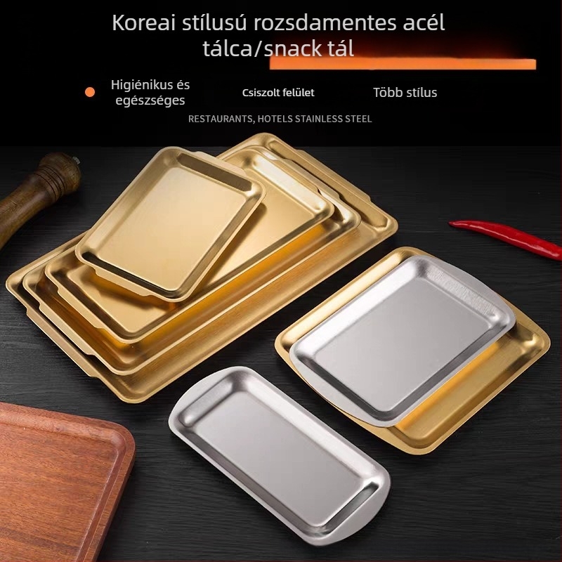 304 rozsdamentes acél, koreai stílusú BBQ téglalap lemez, vastagított, aranyfényes felület, lapos tál snackekhez és süteményekhez