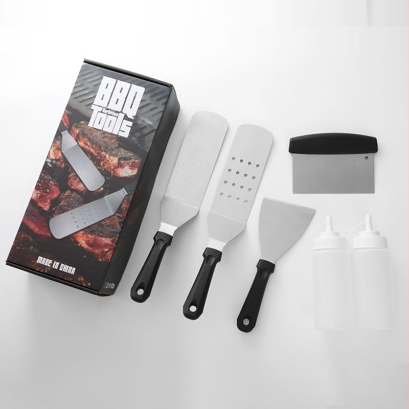 Kültéri rozsdamentes acél BBQ eszközök készlet – grill spatula, grill lapát, kés, fogó, ecset, villa, kesztyű és háló