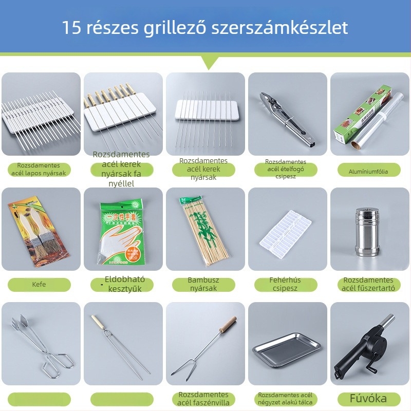 Rozsdamentes acél BBQ eszközök készlet 10 kültéri kiegészítővel és 15 darab alufóliával