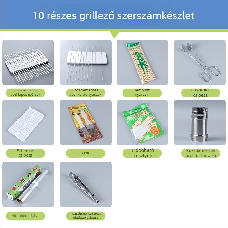 Rozsdamentes acél BBQ eszközök készlet 10 kültéri kiegészítővel és 15 darab alufóliával