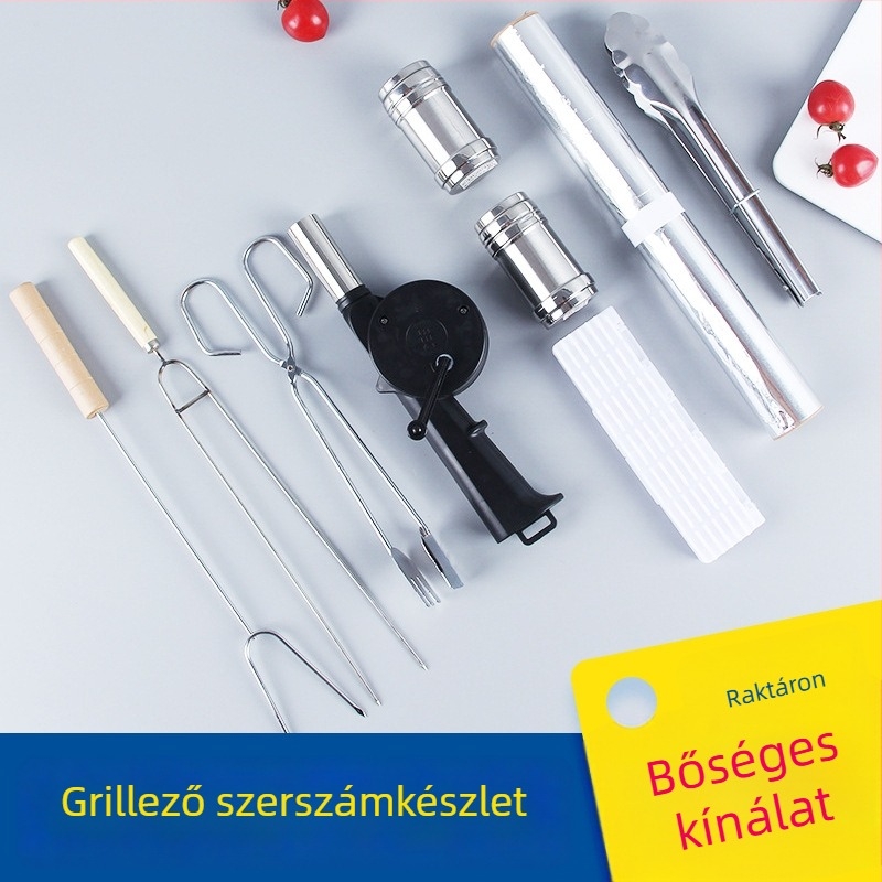 Rozsdamentes acél BBQ eszközök készlet 10 kültéri kiegészítővel és 15 darab alufóliával