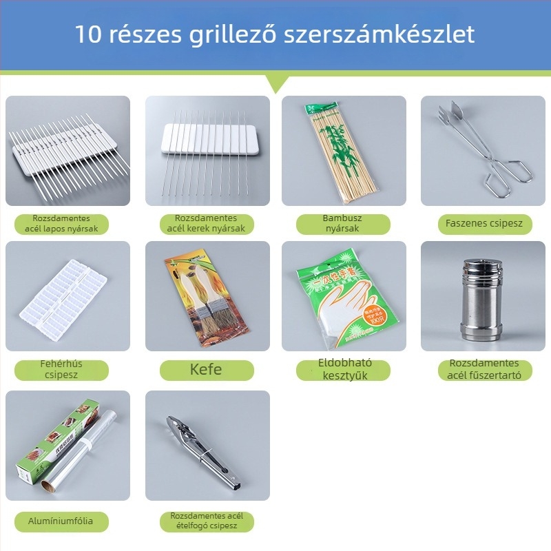 Rozsdamentes acél BBQ eszközök készlet 10 kültéri kiegészítővel és 15 darab alufóliával