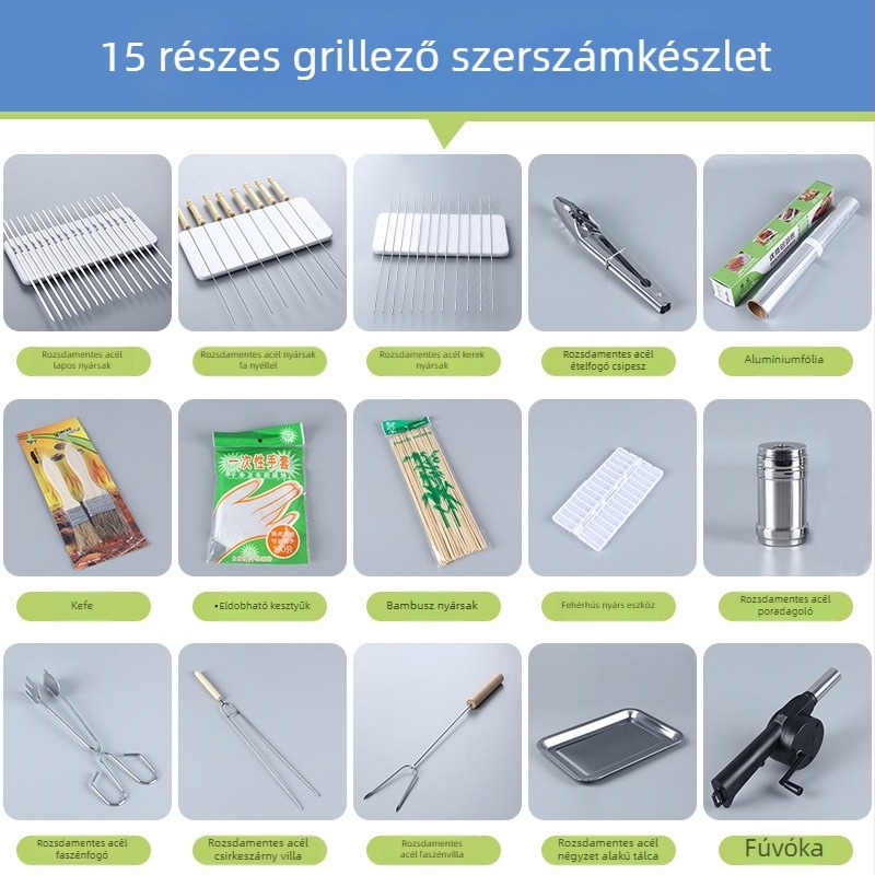 Rozsdamentes acél BBQ eszközök készlet 10 kültéri kiegészítővel és 15 darab alufóliával